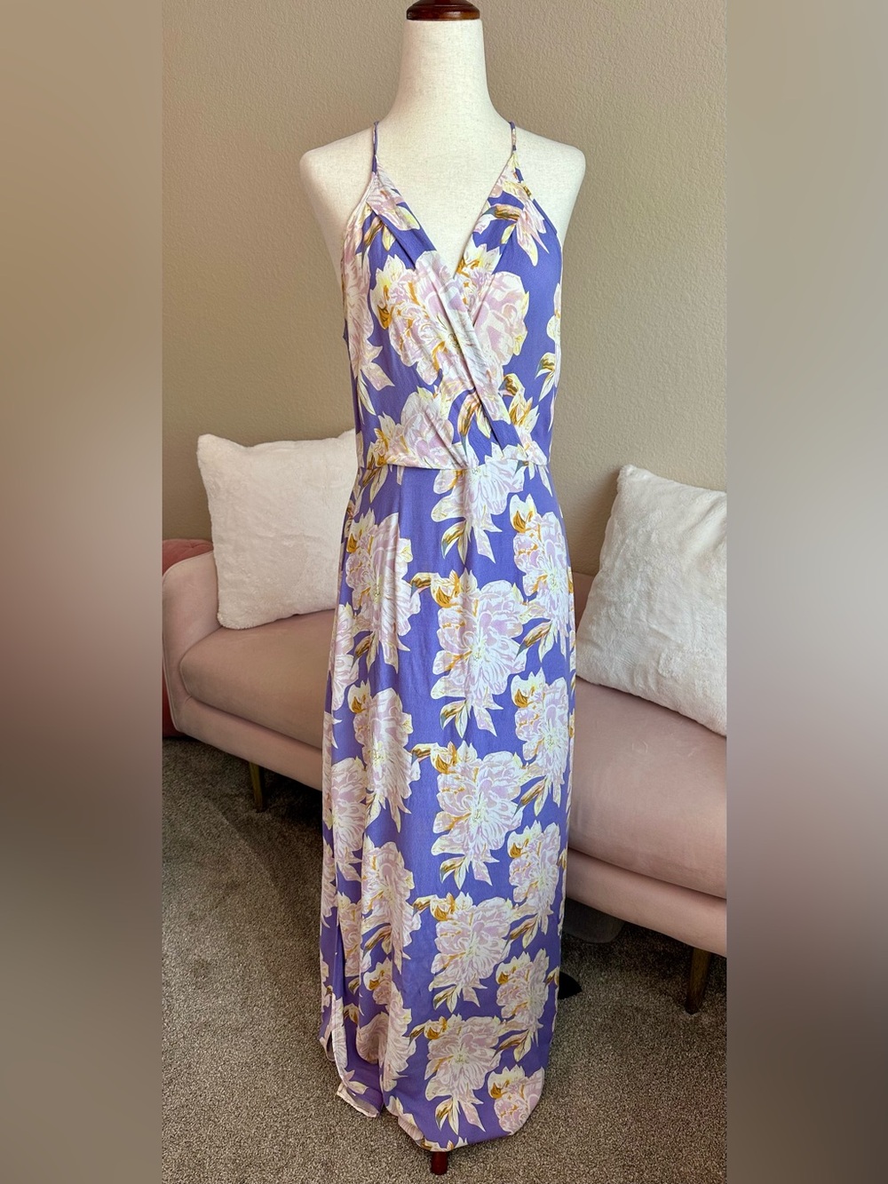 ASTR Floral Maxi Dress Womens M Lavender V Neck Wrap Front Summer Wedding Guest